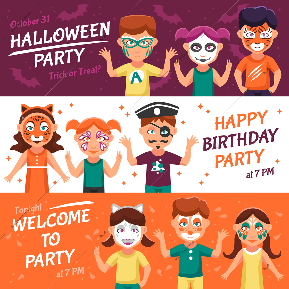 Party With Greasepaint Flat Concept. Painted Faces Horizontal Banners. Children With Painted Faces Vector Illustration. Makeup For Children Isolated Set. Greasepaint For Kids Design Symbols.