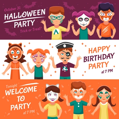 Party With Greasepaint Flat Concept. Painted Faces Horizontal Banners. Children With Painted Faces Vector Illustration. Makeup For Children Isolated Set. Greasepaint For Kids Design Symbols.