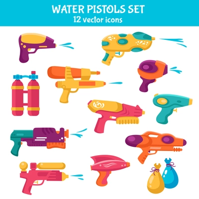 Water guns flat set for water fights isolated vector illustration