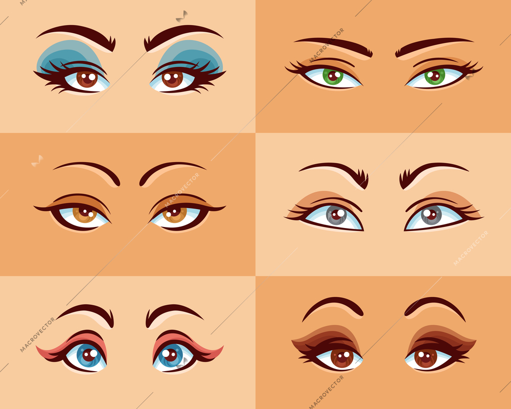 Women eyes set with different shape size and makeup flat vector illustration