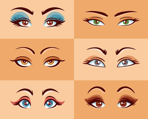 Women eyes set with different shape size and makeup flat vector illustration