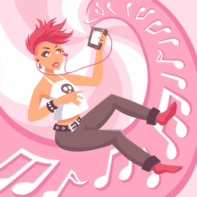 Girl listening to music with headphones and player flat vector illustration