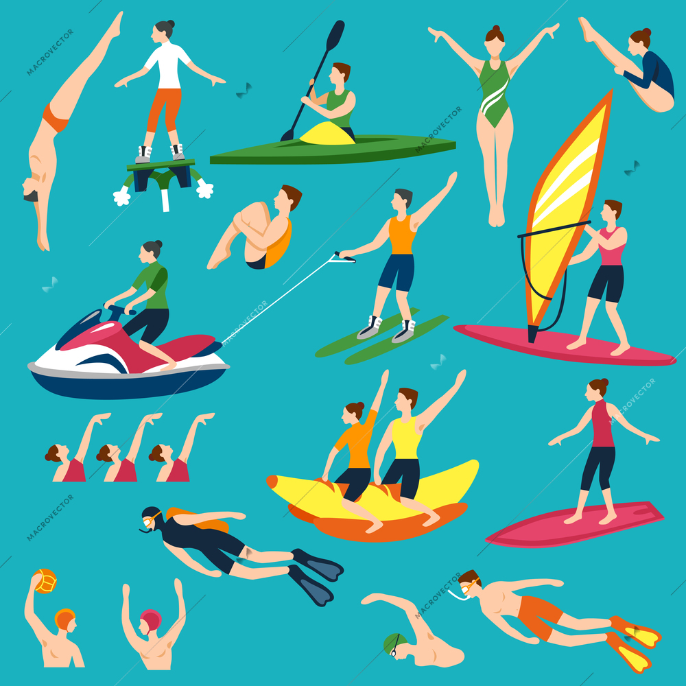 Water Activities Icons Set. Water Sport Vector Illustration. Water Sport Decorative Set.  Water Sport And Activity Design Set. Water Sport Flat Isolated Set.