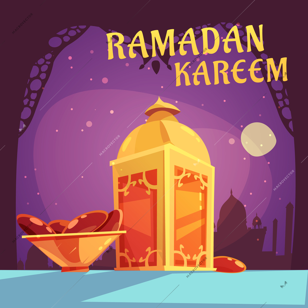 Color cartoon illustration with purple background depicting ramadan iftar kareem vector illustration