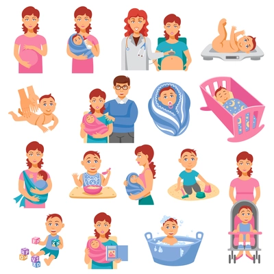 Parents and baby flat icons set with mother and father isolated vector illustration