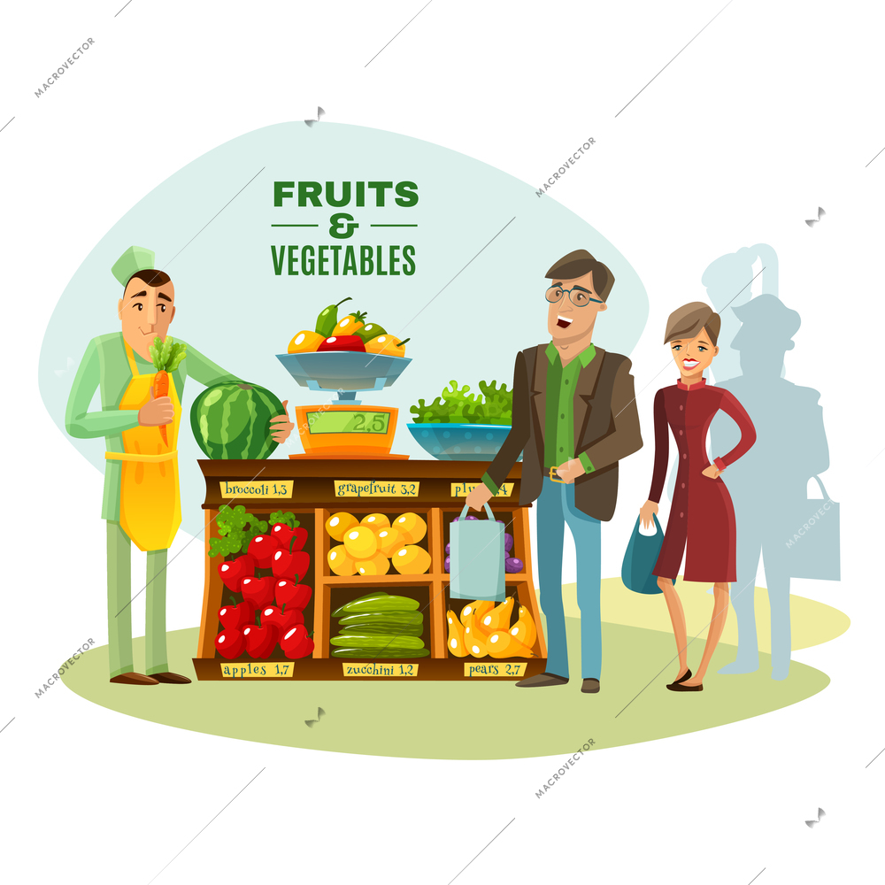 Fruit and vegetables seller with counter salesman and customers cartoon vector illustration