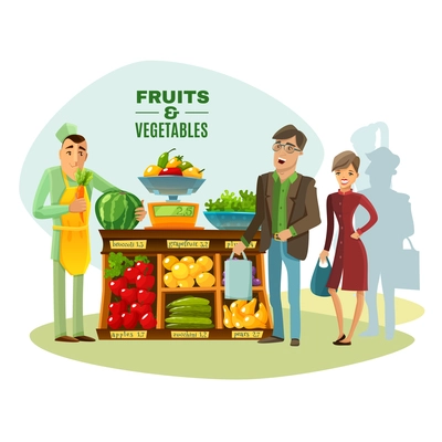 Fruit and vegetables seller with counter salesman and customers cartoon vector illustration