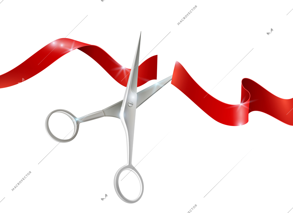 Metal scissors for cutting and red silk  ribbon realistic vector illustration