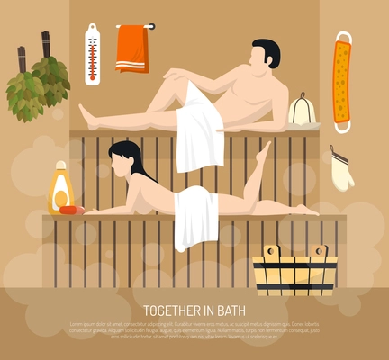 Family bath visit flat poster man and woman wearing towels in sauna steam room together vector illustration