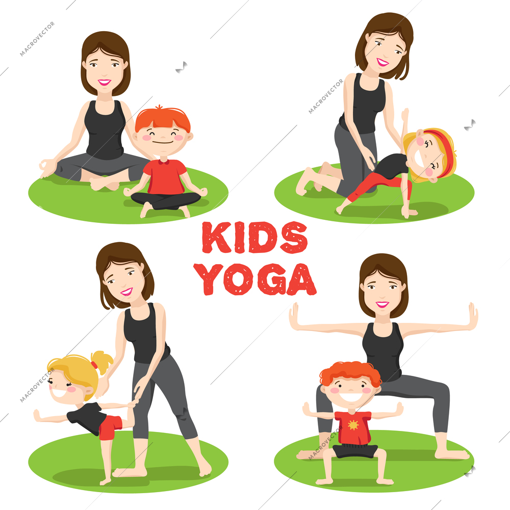 Little Kids first yoga asanas poses outdoor on grass with mother 4 cartoon icons isolated vector illustration