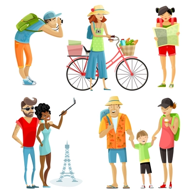 Traveling people cartoon set with sightseeing and rest symbols isolated vector illustration