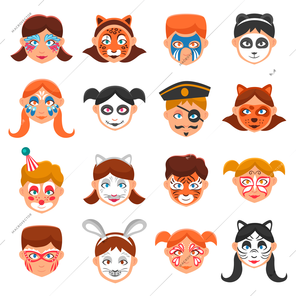 Face Paint For Children Icons Set. Painted Faces Vector Illustration. Greasepaint For Kids Flat Symbols. Makeup For Children Design Set. Painted Faces Isolated Set.