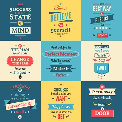 Success quotes colored isolated posters in retro style with parting words and teachings flat vector illustration