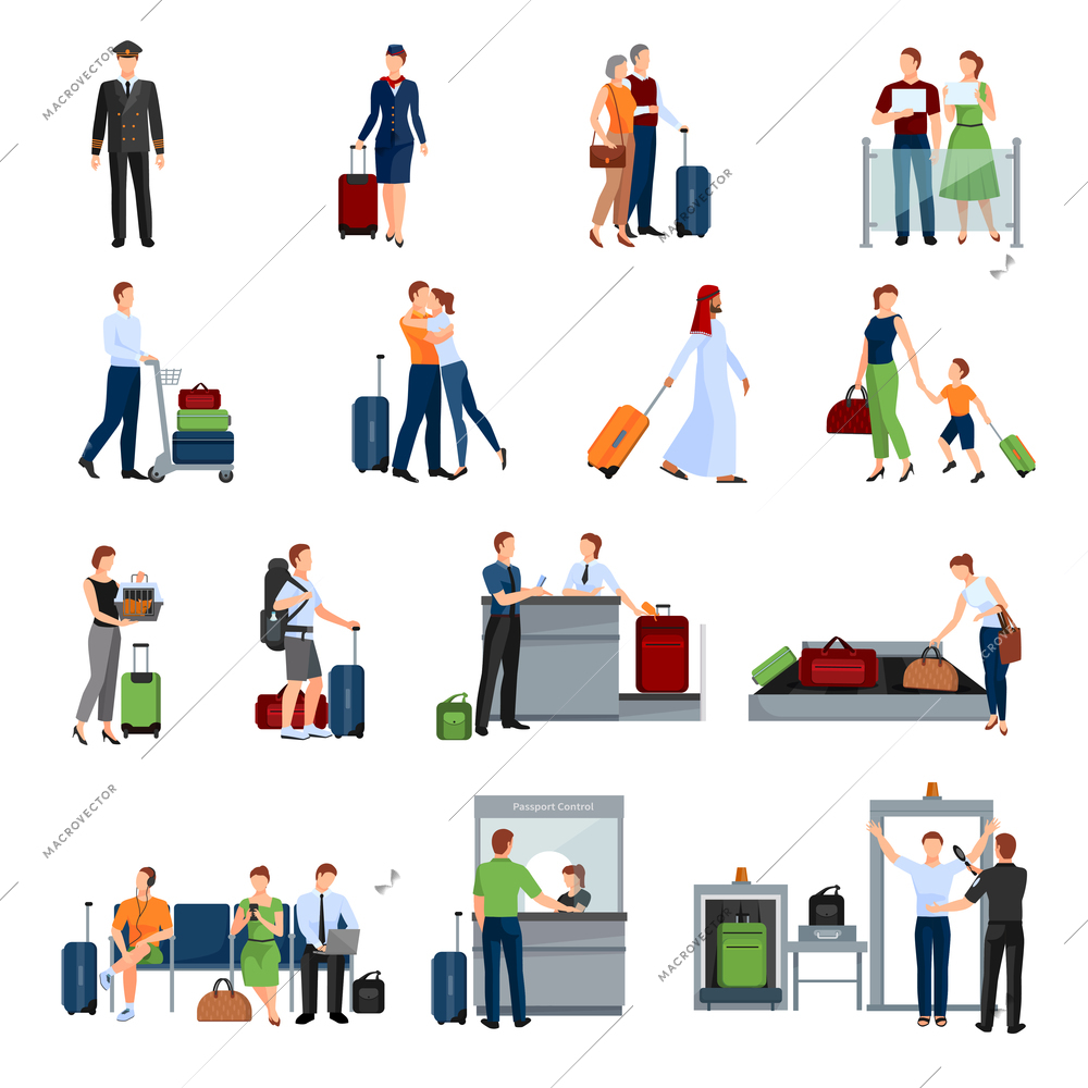 People in airport flat color icons set of pilot stewardess tourists with travel bags at checkpoint and security screening isolated vector illustration