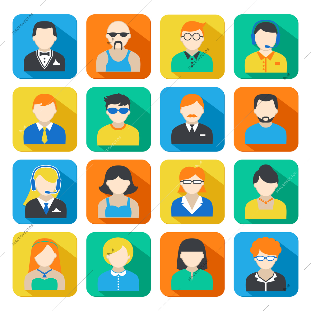 Avatar pictograms social networks users colorful square icons collection flat isolated vector illustration