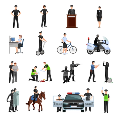 Police people in office and outside flat color icons set with traffic policeman criminalists dispatcher mounted police isolated vector illustration