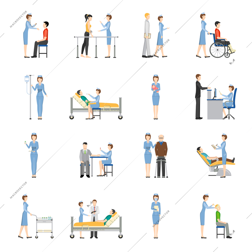 Nurse health care decorative icons set with young and old patients needing in medical help and nurses producing treatment procedures flat vector illustration