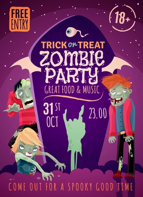 Zombie party poster with trick or treat symbols cartoon vector illustration