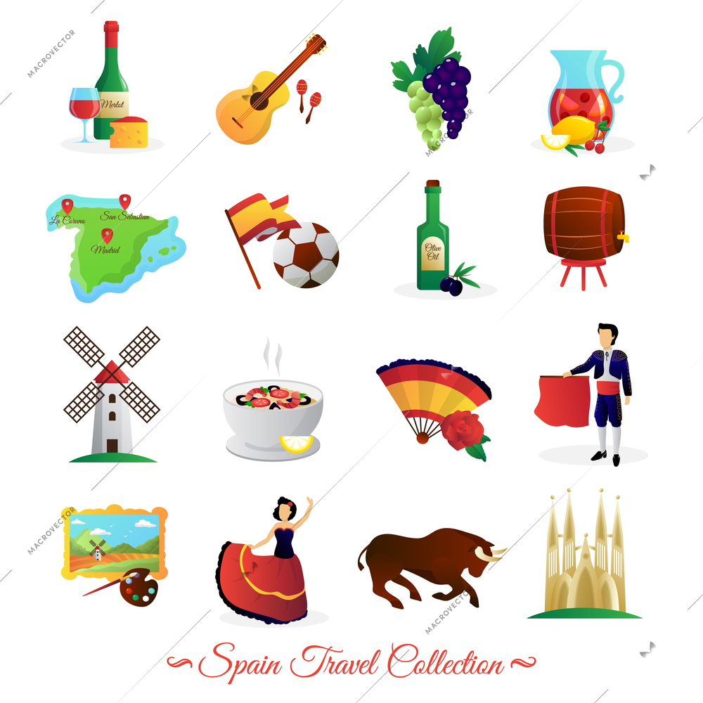 Tourists attractions in spain and national cultural symbols wine and food flat icons collection abstract vector isolated illustration