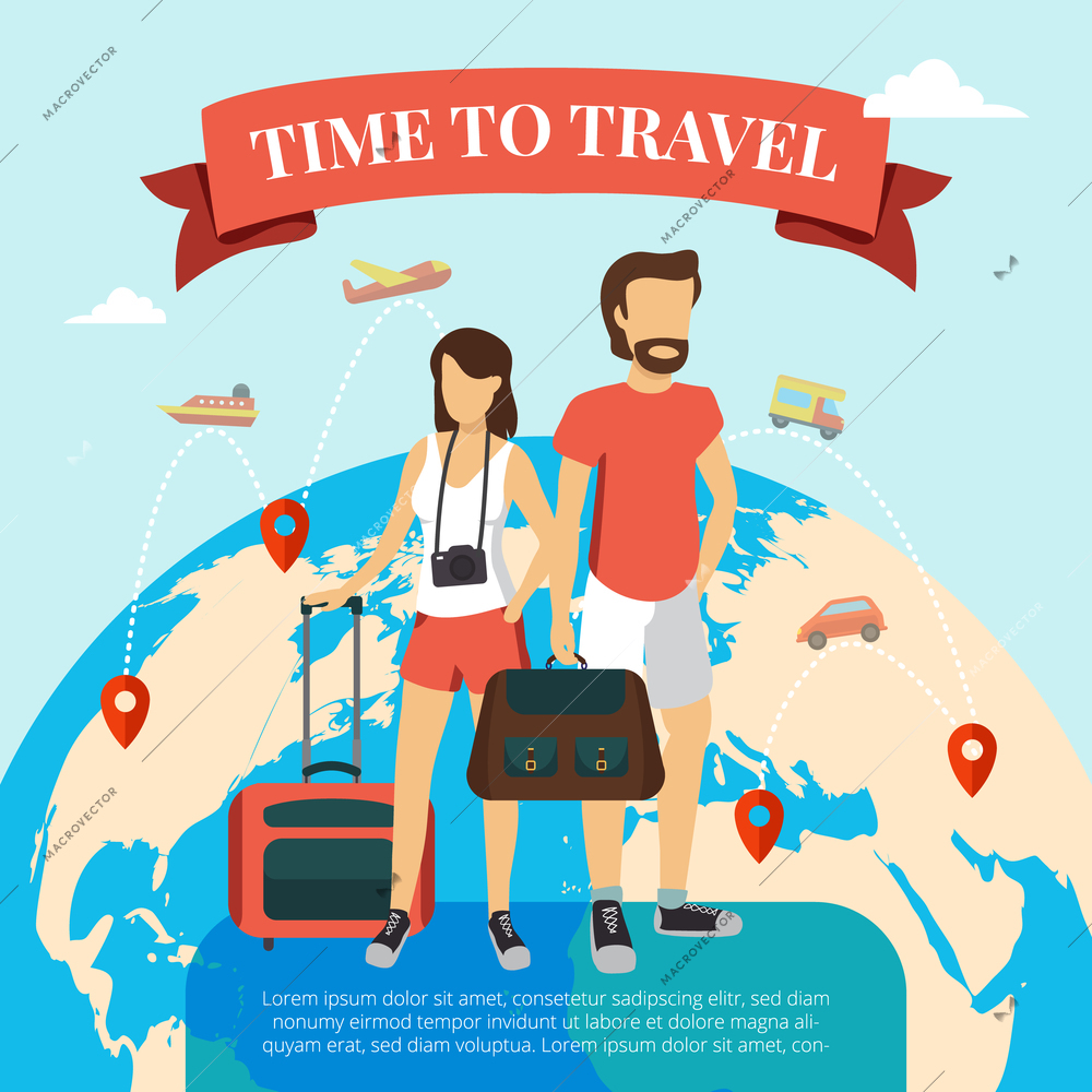 Time to travel flat poster with tourists couple standing  with baggage and world globe background abstract vector illustration