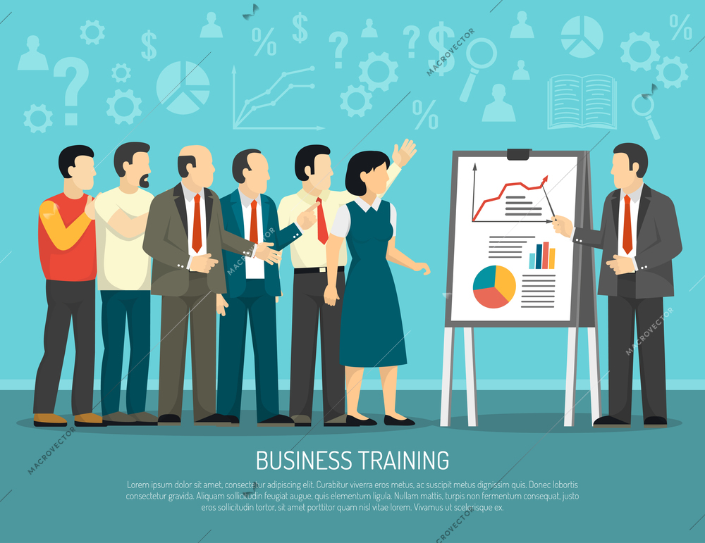 Business development training course for company employees flat poster with diagrams and graphics presentation abstract vector illustration