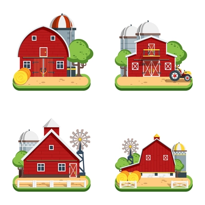 Farm isolated decorative icons set of wooden farmhouses with trees wind turbine tractor elevator flat vector illustration