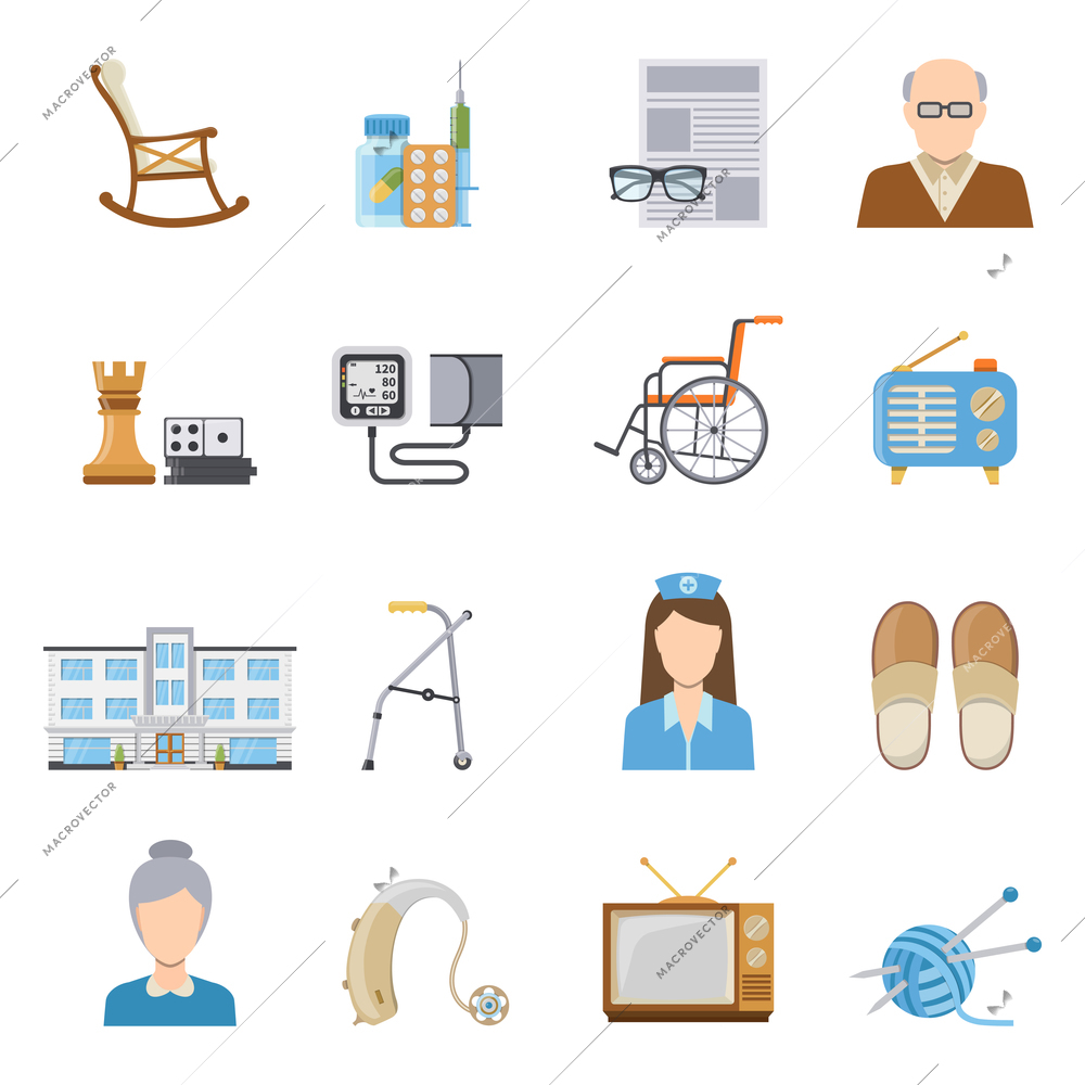 Elderly care in nursing home decorative icons set of wheelchair crutch tonometer medication board games isolated elements flat vector illustration