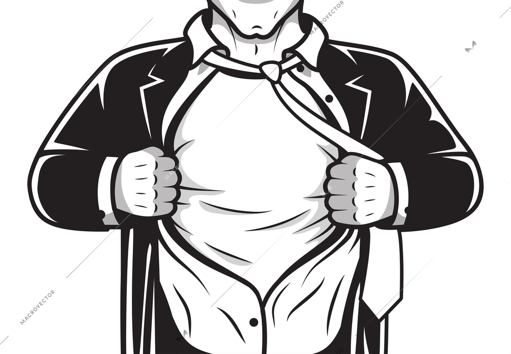 Black and white comic male super hero in costume and tie opening shirt print template vector illustration