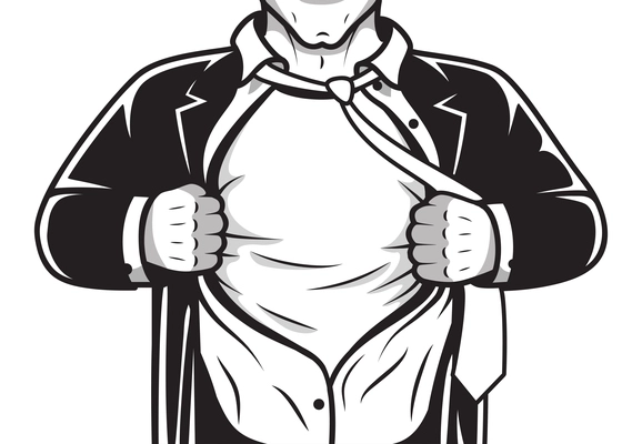 Black and white comic male super hero in costume and tie opening shirt print template vector illustration
