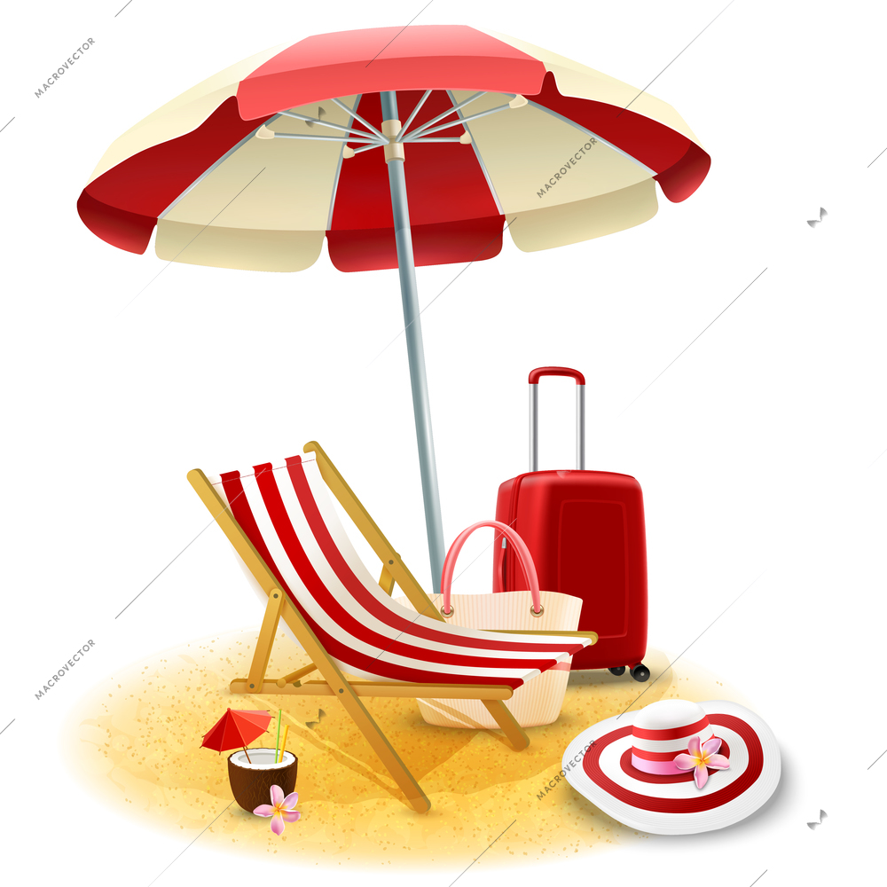 Beach deck chair and umbrella with suitcase and cocktail cartoon vector illustration