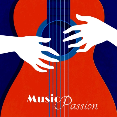 Music passion poster with red guitar silhouette on blue background and male hands on strings flat vector illustration