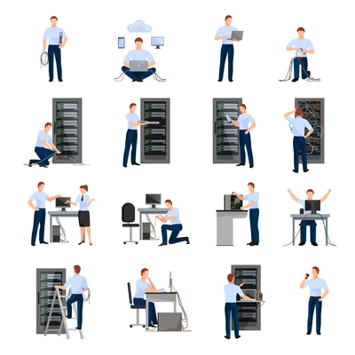 System administrator flat icons set of server racks and network engineers involved in maintenance of system modules isolated vector illustration