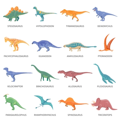 Colored isolated icons set of different types of dinosaurs in cartoon style with name of class or kind flat vector illustration