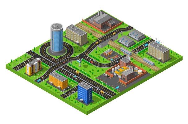 Industrial and residential city district elements isometric composition poster with streets and production facilities abstract vector illustration