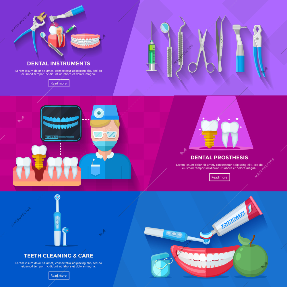 Horizontal flat banner dentist depicting instruments for teeth treatment procedure of dental prosthesis and care isolated vector illustration