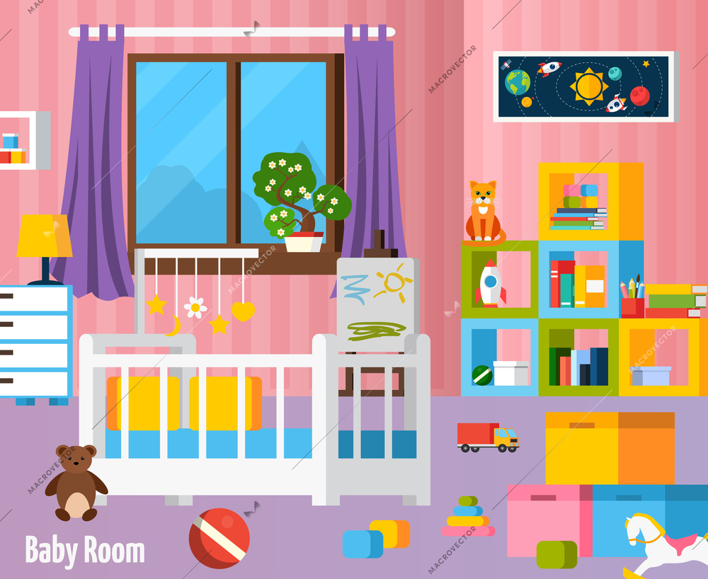 Baby room flat colorful composition with  nursery furniture toys cradle and elements for children creativity vector illustration