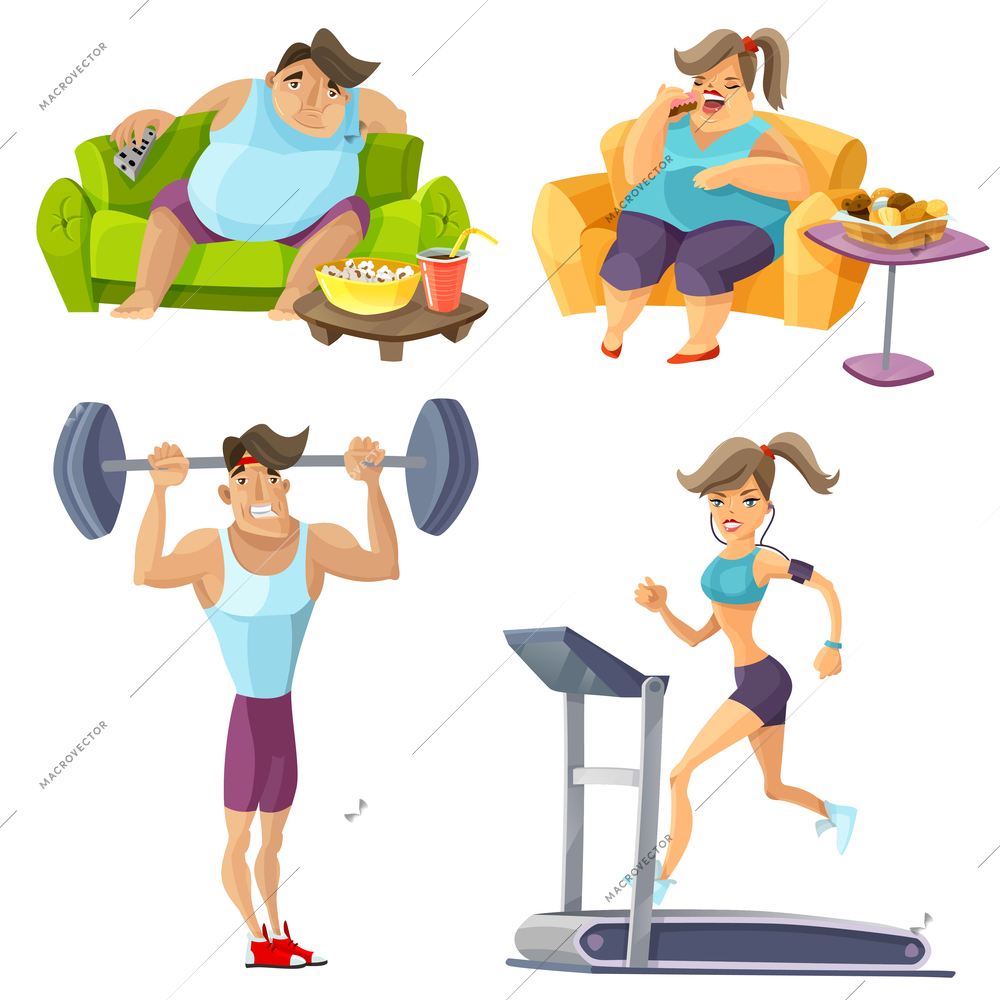 Obesity and health cartoon set with food fitness and lifestyle isolated vector illustration