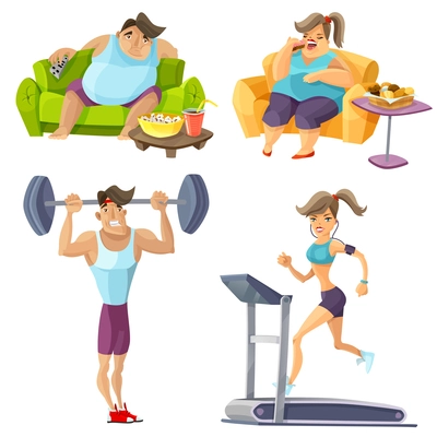 Obesity and health cartoon set with food fitness and lifestyle isolated vector illustration