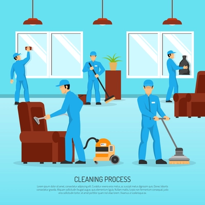 Industrial cleaning and maintain company service team at work in warehouse facility flat poster abstract vector illustration