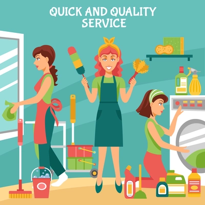 Cleaning background with quick and quality service symbols flat vector illustration