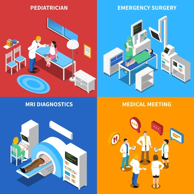 Medical hospital personnel patient relationship in emergency and  mri diagnostic facility 4 isometric icons isolated vector illustration