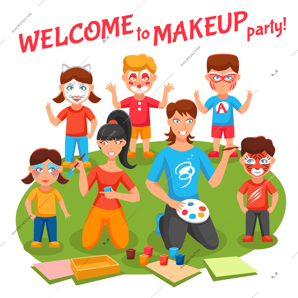 Welcome to makeup party concept with children and adults flat vector illustration