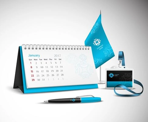 Calendar pen flag and badge corporate identity mockup set of blue color for your design on light background realistic vector illustration