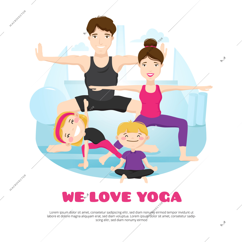 We love yoga wellness center poster with young family practicing asanas and poses together cartoon abstract vector illustration