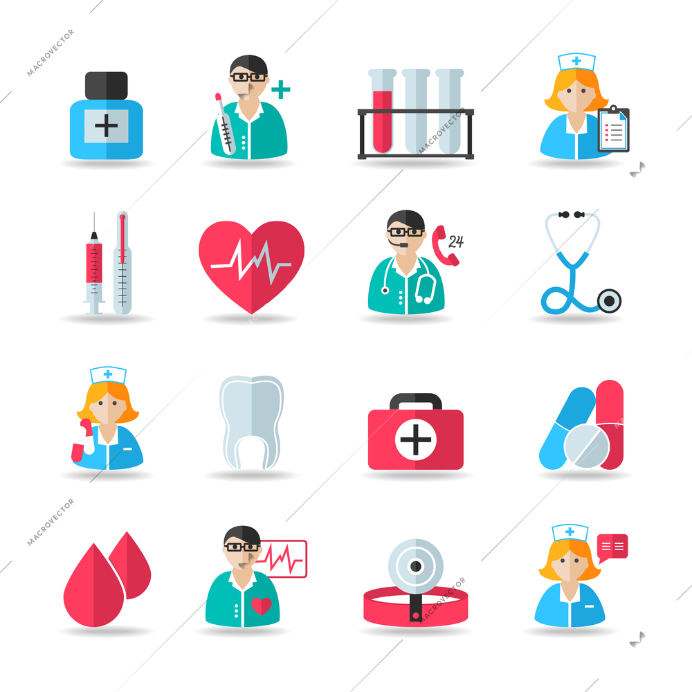 Medical healthcare icons set of heart tooth pill syringe isolated vector and doctor avatars illustration