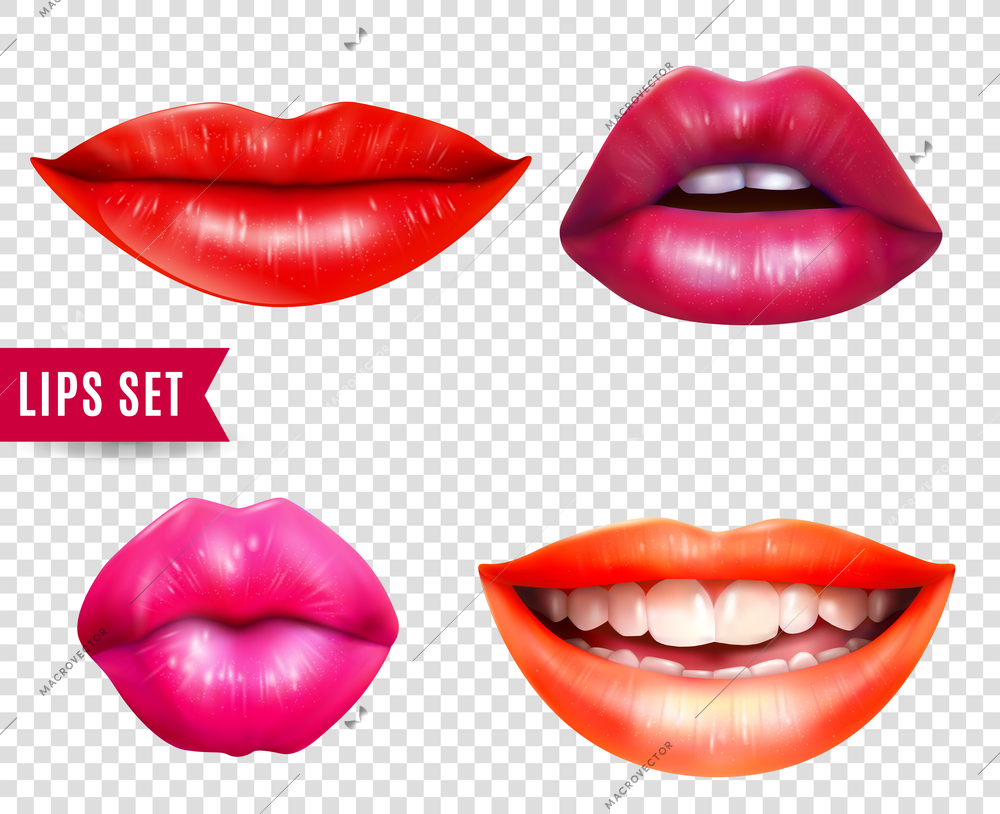 Lips realistic transparent set with bright lipstick isolated vector illustration