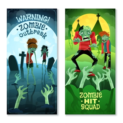 Zombie vertical cartoon banners set with zombie squad symbols isolated vector illustration