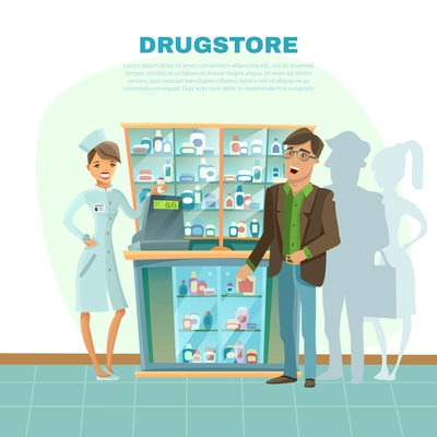 Drugstore with pharmacist in uniform customer and medical bottles cartoon vector illustration