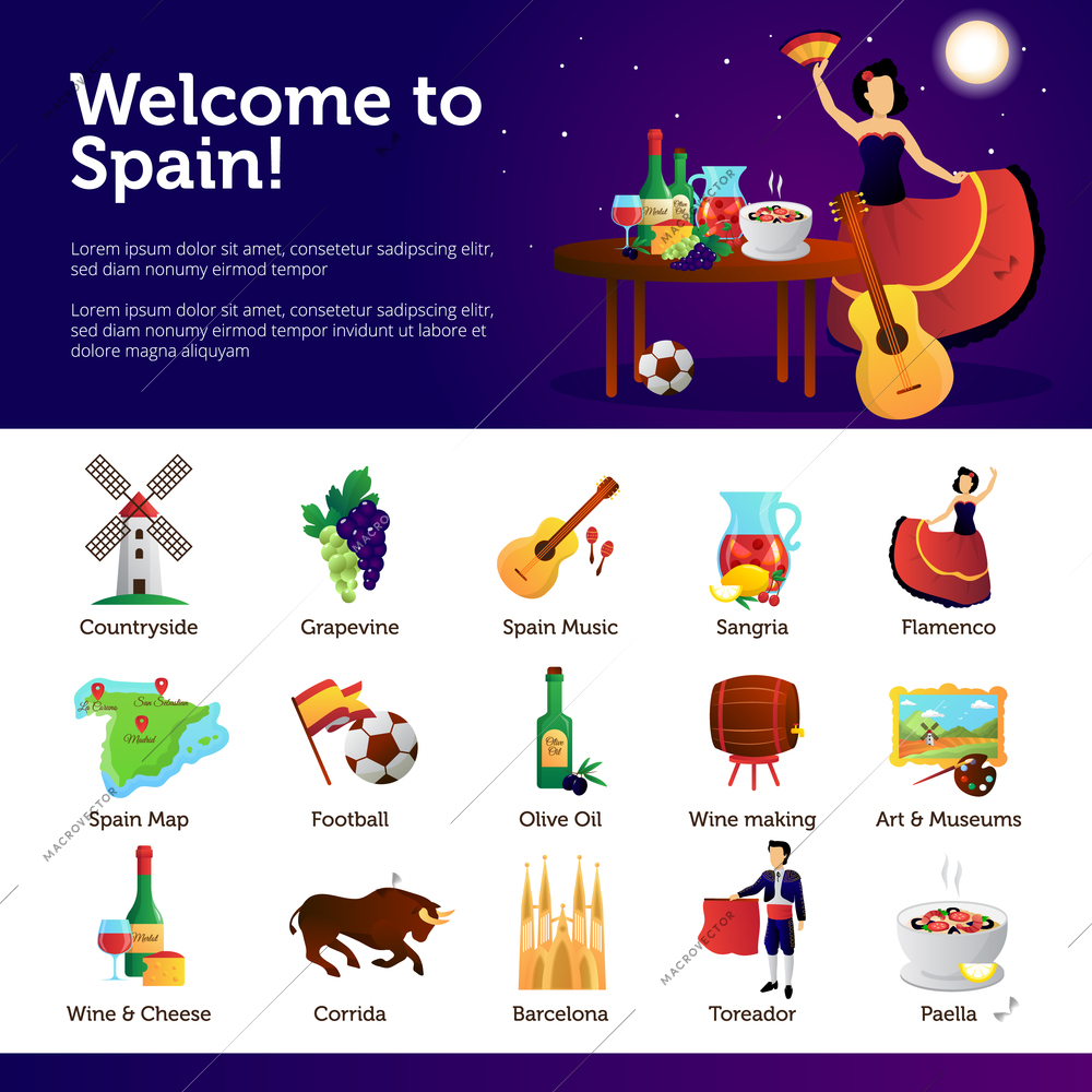 Spain information for tourists on main cultural national attractions food and sightseeing infographic symbols banners vector illustration