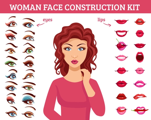 Woman face construction kit with eyes and lips makeup flat vector illustration